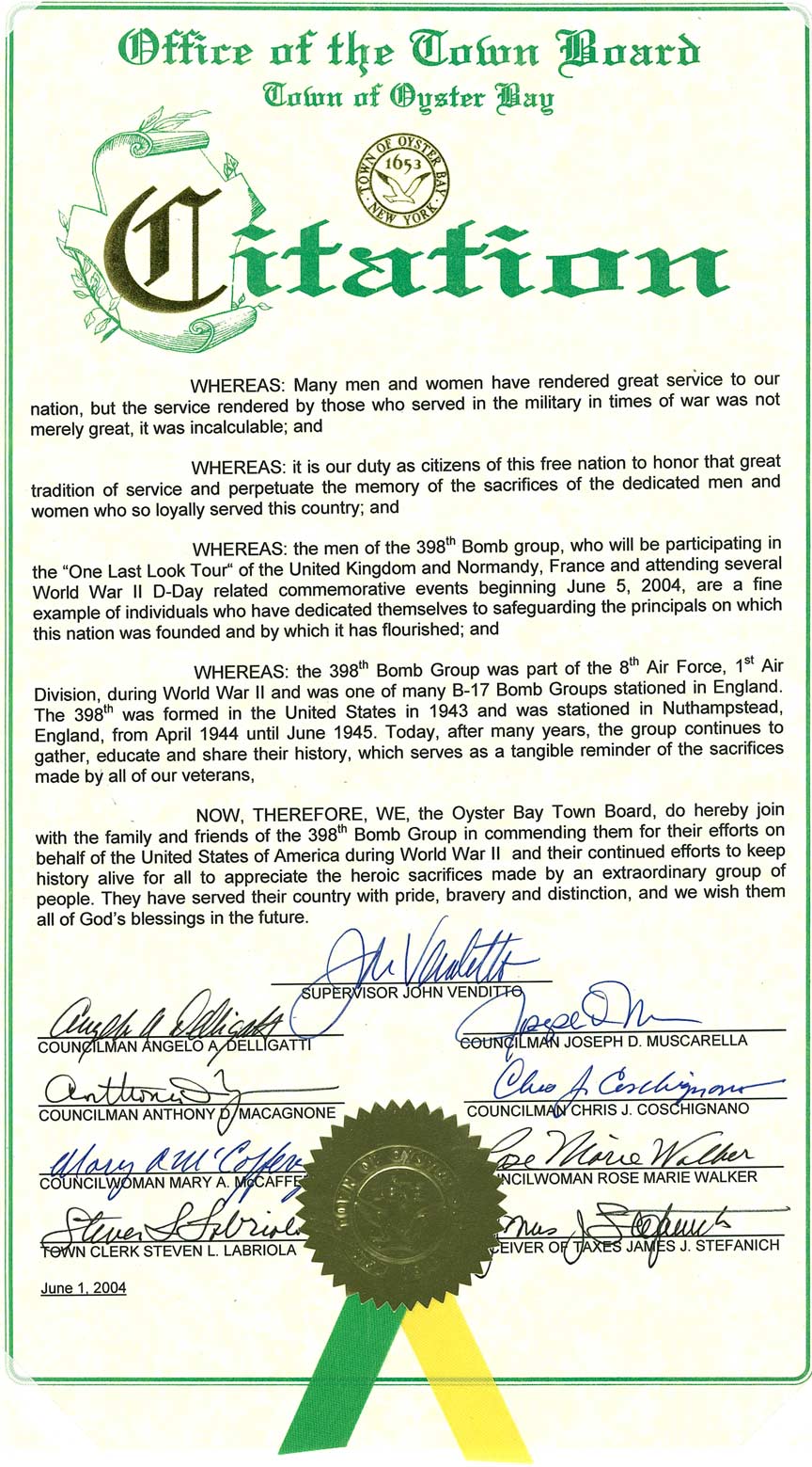 Oyster Bay Town Council Proclamation to the 398th Bomb Group