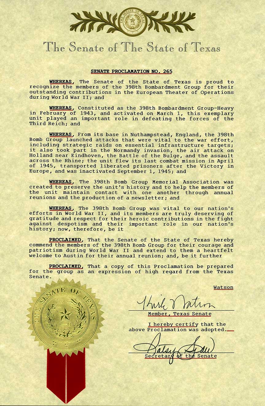 Senate of the State of Texas Proclamation No. 265