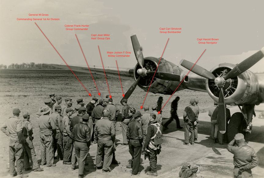 Gross, Hunter, Miller, Gray, Strickrott, and Brown - 398th First Mission - 6 May 1944